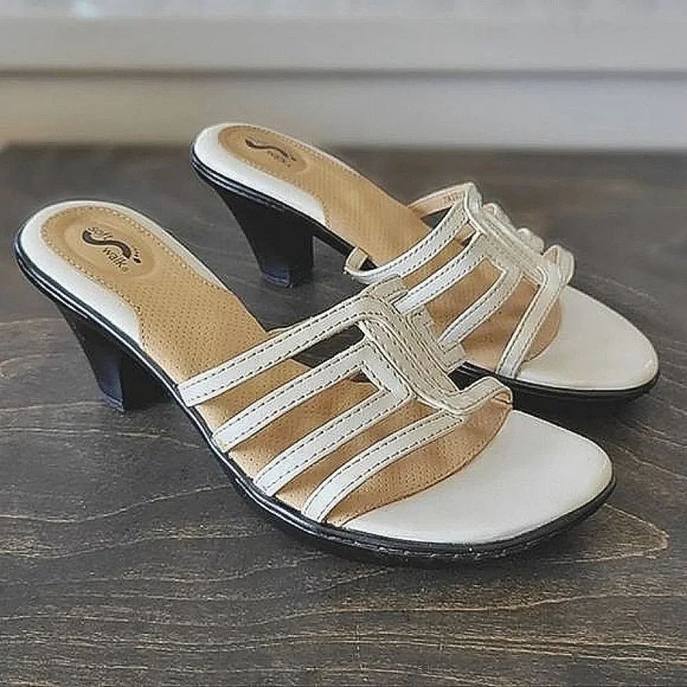 SoftWalk ivory patent leather-lined strappy mule sandals